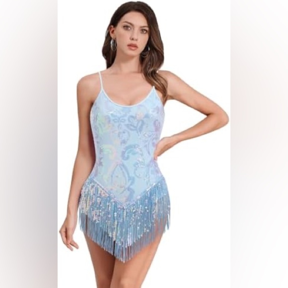 Sequin Fringe Bodysuit for Women Sparkly Leotard Latin dance Romper